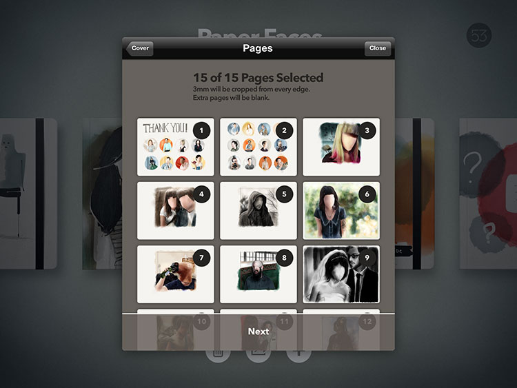 Screenshot of selecting 15 Book pages