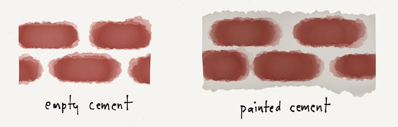 Comparison drawings of bricks without and with gray cement painted in.
