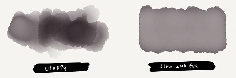 Two examples of shapes painted in Paper app using the watercolor brush, a choppy painted shape versus one painted smoothly