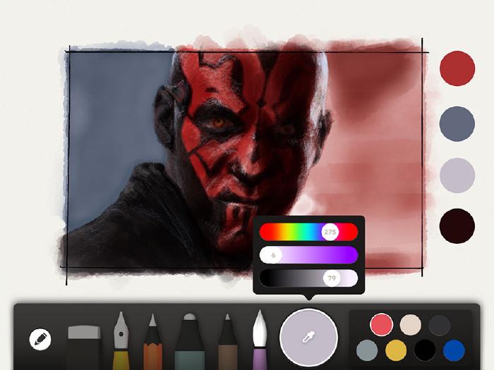 Drawing of Darth Maul with Papers color picker open and color palette swatches painted in the right margin