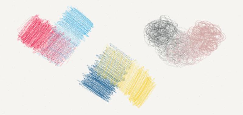 Three examples of dry mixing pencil colors into each other using different stroke types in Paper app