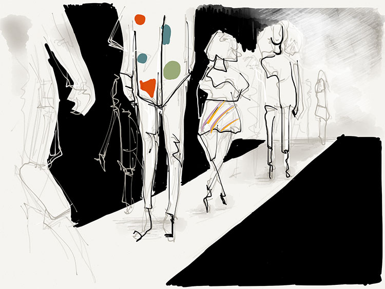 Blind contour sketch of models walking down a runway at a fashion show