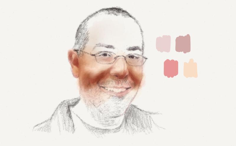 Pencil sketch of a man with glasses and partially painted cheeks and ears using warm skin tone colors