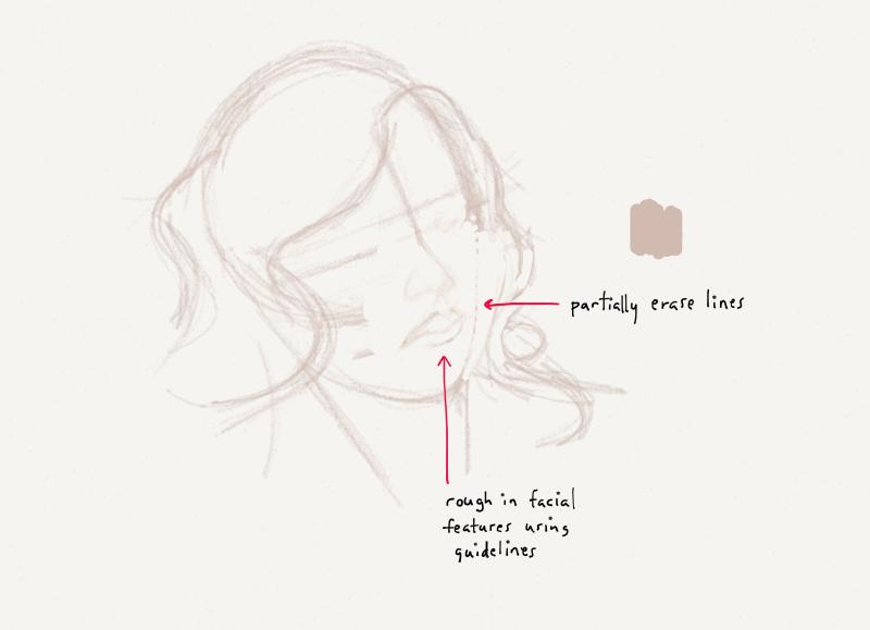 Sketch of a woman’s face with red arrows pointing to erased lines