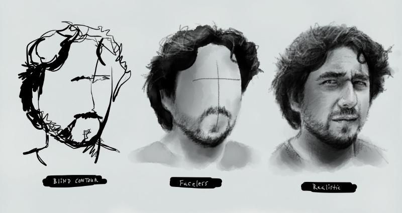 Progression of three black and white drawings of a bearded man — blind contour ink sketch to faceless pencil sketch to detailed realistic portrait