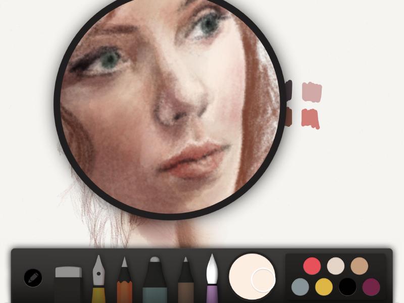 Closeup of a drawing of Scarlet Johansson’s face in Paper for iPad.