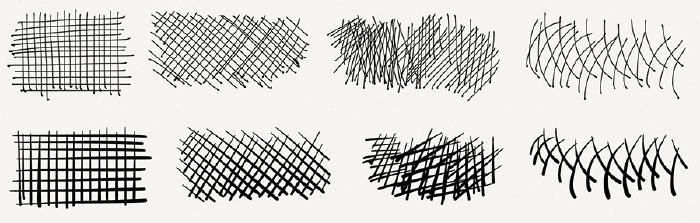 Eight examples of cross hatching done digitally in Paper app using black ink.