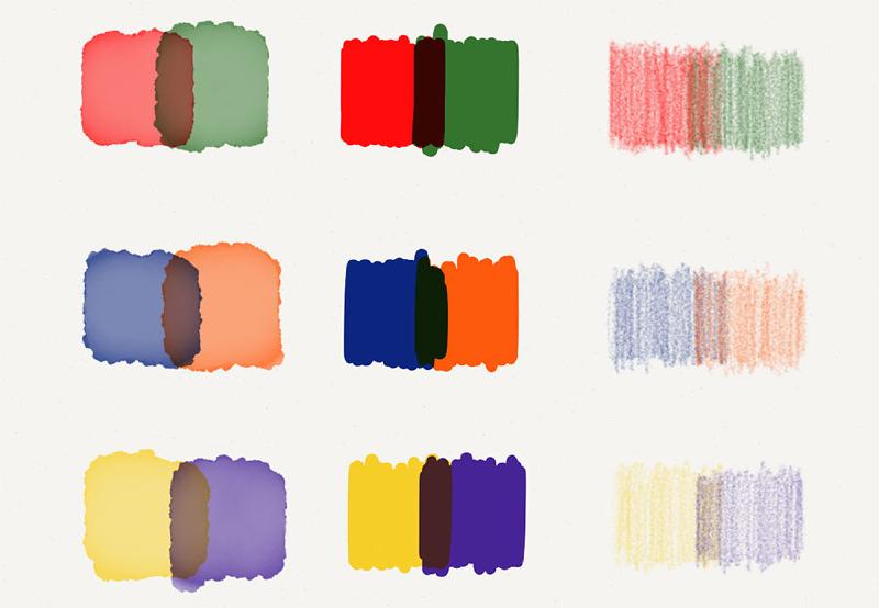 Swatches painted with Paper’s watercolor brush to show how complementary colors mix.