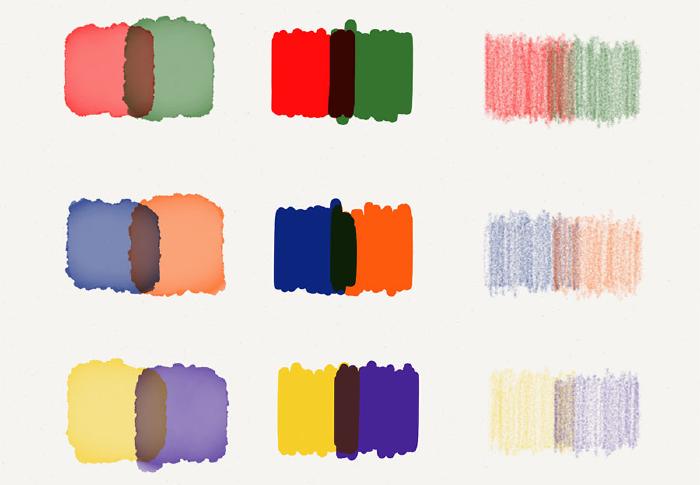 Swatches painted with Papers watercolor brush to show how complementary colors mix.