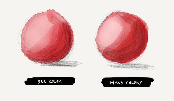 Two monochrome circles sketched in Paper app after applying glazes of watercolor on top to alter their color
