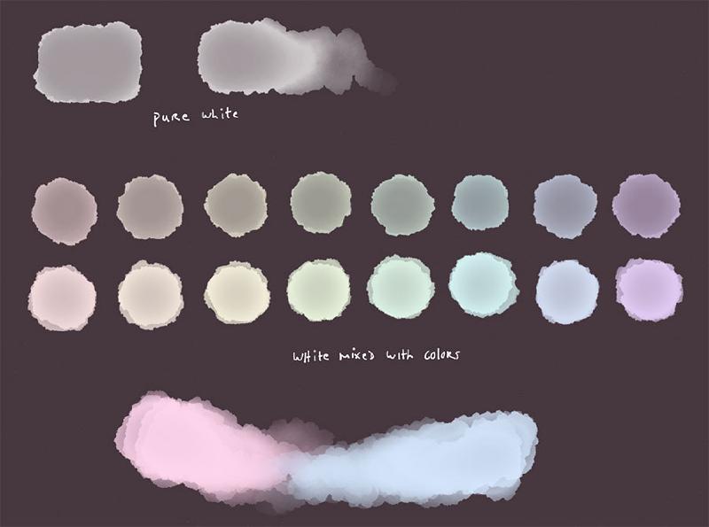 Color swatches painted on a dark background to show how Paper’s watercolor brush can lightening an area with white