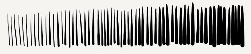Vertical fountain pen strokes showing a progression of thin to thicker lines done in Paper app with black ink