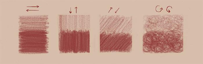 Pencil shading examples done in Paper app of different types of brown strokes on a tan iPad canvas