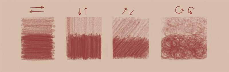 Pencil shading examples done in Paper app of different types of brown strokes on a tan iPad canvas