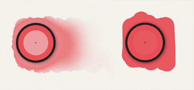Sampling shapes filled with the same red color on a white background in Paper app.