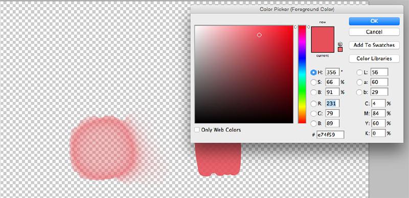 Screenshot of Photoshop’s Color Picker sampling the same red color from above and showing the hexcode value