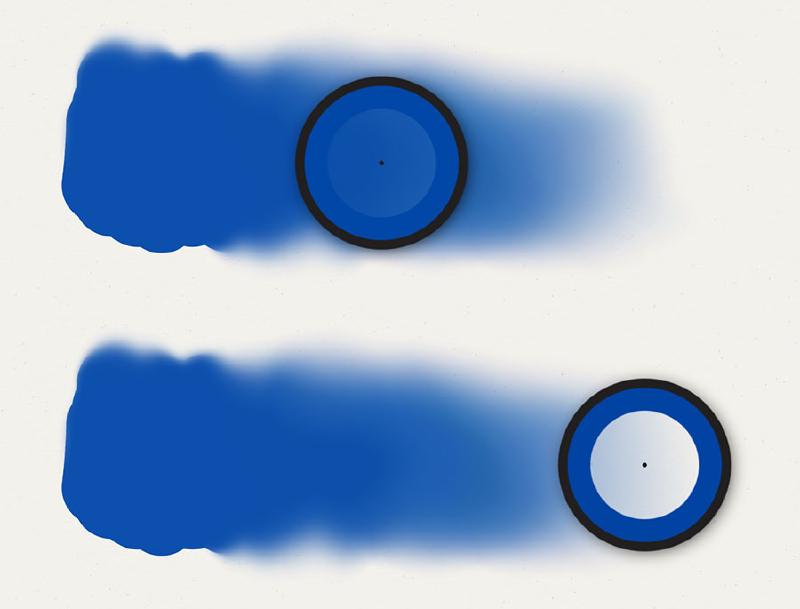 Sampling different parts of a blue shape painted with the watercolor brush in Paper app.
