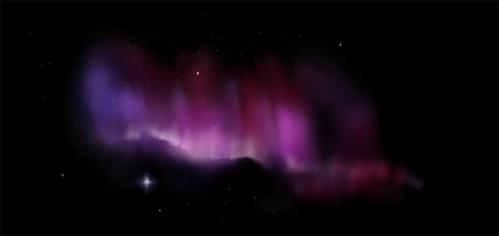 Blurry purple aurora on a black background with white stars.