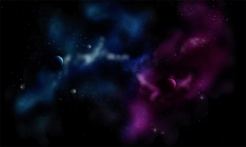 Space scene on black with blue and violet clouds, white stars, and two large planets.