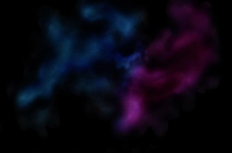 Painting of blue and violet clouds on a black background.