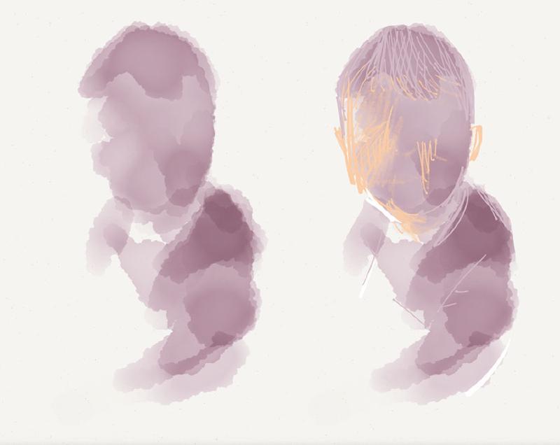 Process sketches of a baby’s face painted loosely in purple using Paper’s watercolor brush and pencil tools.