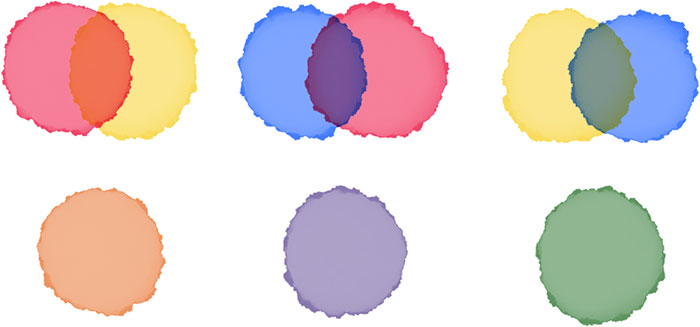 Examples of primary color mixes with Paper’s watercolor brush.