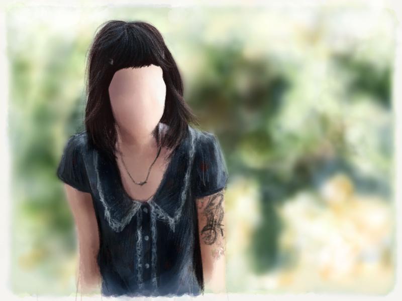 Painting of a faceless woman in a forest painted with blending techniques to simulate a bokeh effect in the background.