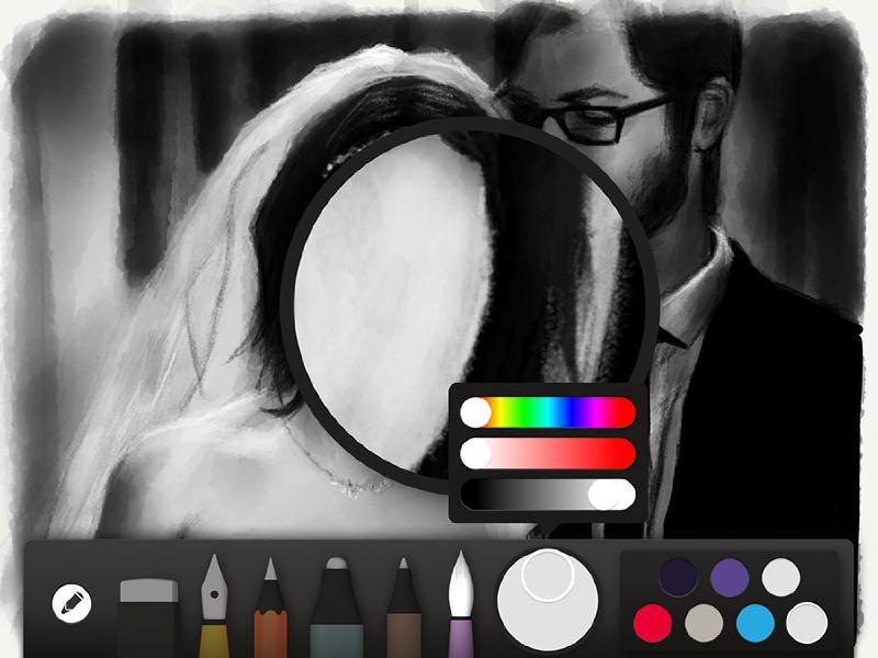 Glazes of watercolor zoomed in the loupe while painting a portrait of a bride and groom.