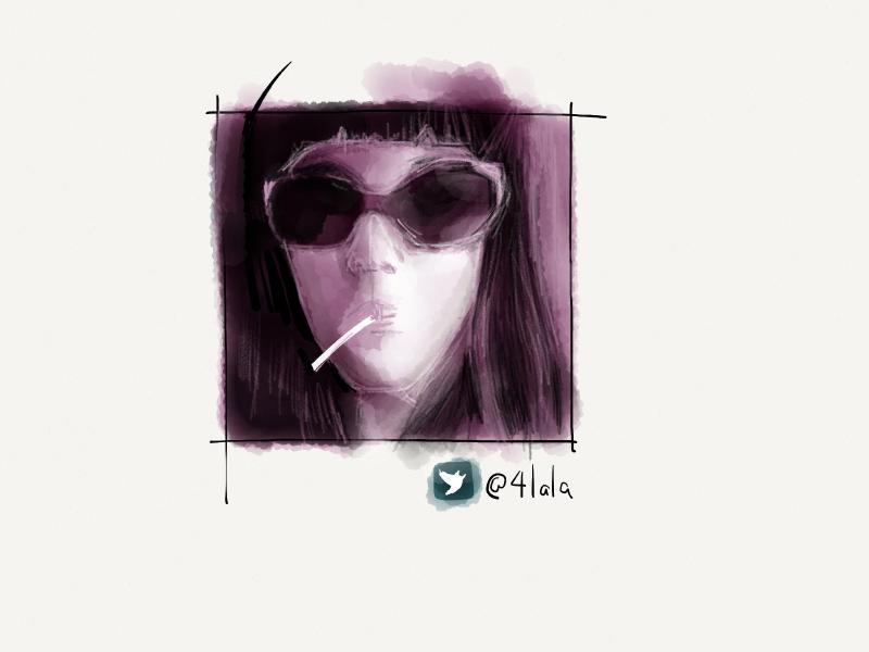 Digital watercolor painting in purple tones of a woman wearing large sunglasses, short bangs, and sucking on a lollipop.