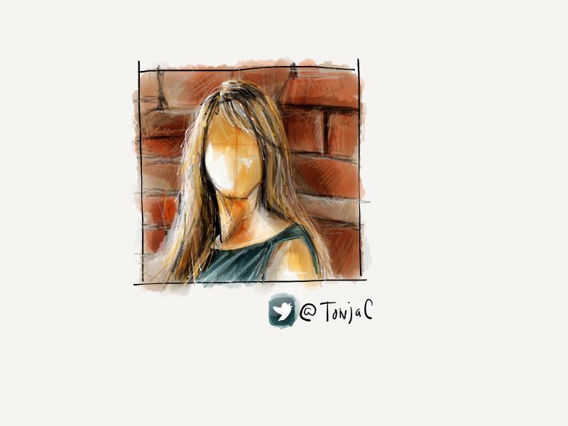 Digital watercolor and pencil portait of a faceless blonde woman standing in front of a red brick wall.