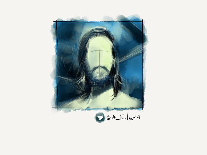 Digital watercolor and pencil drawing of a man resembling Jesus. Painted in blue tones with his eyes, nose, and mouth purposely omitted.