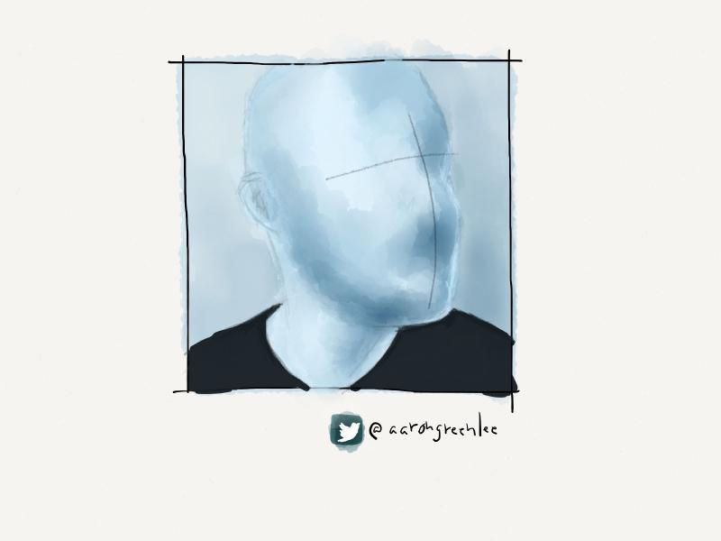Digital watercolor and pencil portrait of a bald man painted in light blue tones. His eyes, nose, and mouth are purposely omitted.