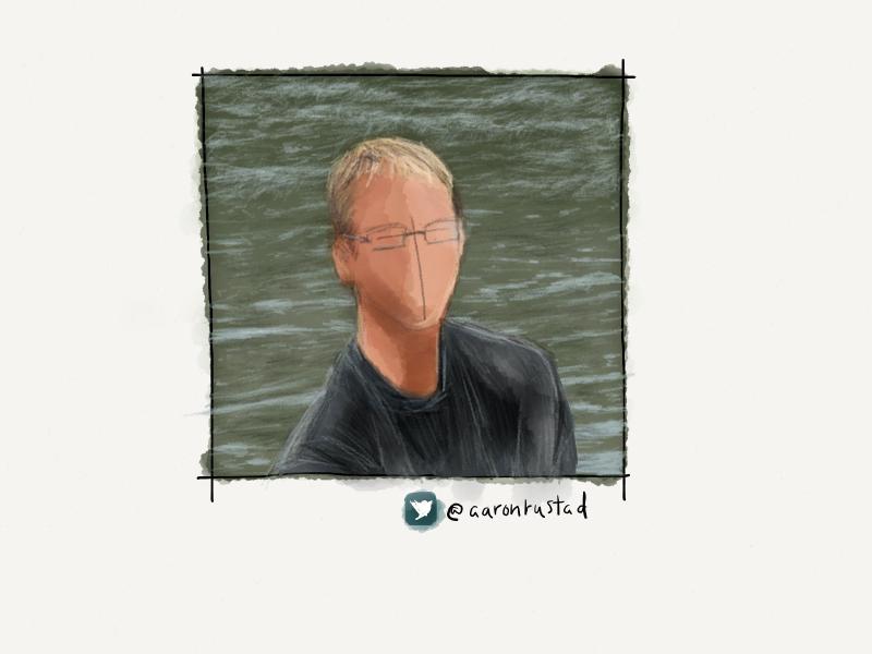 Digital watercolor and pencil portrait of man with short hair standing in front of gray-green waves. He is wearing glasses and his eyes, nose, and mouth have purposely been omitted from the drawing.