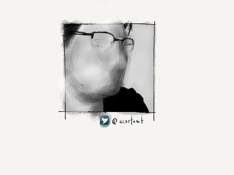 Black and white digital watercolor painting of a man's face. He is wearing eyeglasses and his eyes, mouth, and nose are lacking detail and appear unfinished.