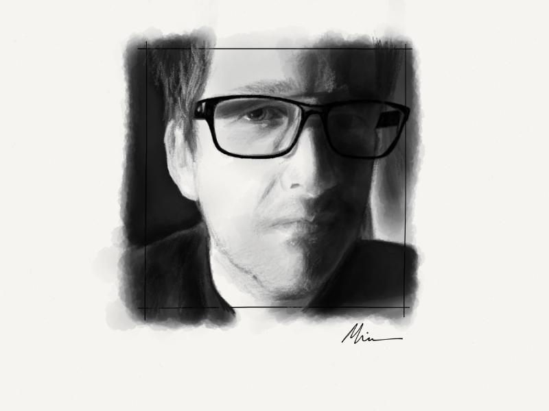 Black and white digital watercolor and pencil portrait of a white male wearing black eyeglasses. He is looking at the viewer.