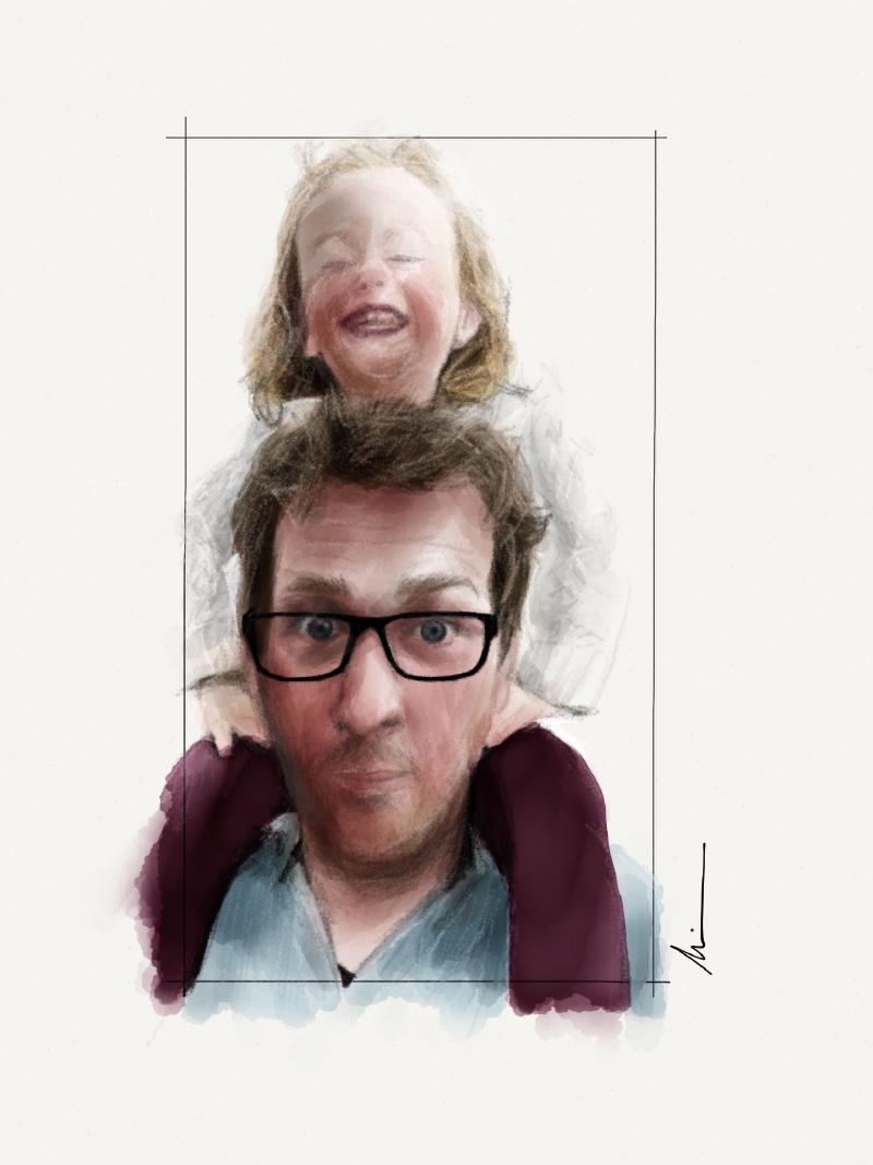 Digital watercolor and pencil portrait of a little girl riding on her father's shoulders and laughing. Both are painted in muted colors with some of their facial features intentionally left unfinished.