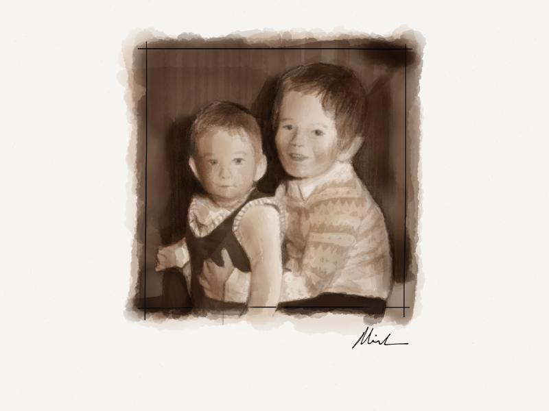 Digital watercolor and pencil portrait of two young brothers, the oldest holding the youngest. Painted in sepia tones.