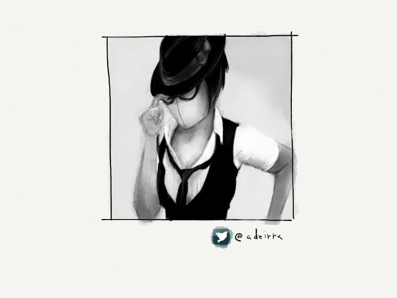 Black and white digital watercolor portrait of a woman tipping her hat. She is wearing large black eyeglasses and a dress shirt and necktie with the top button undone. Her face is intentionally missing features.