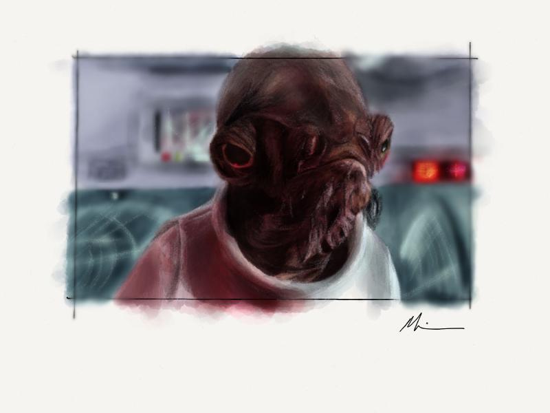 Digital watercolor and pencil portrait of Admiral Ackbar from the scene in Star Wars: Return of the Jedi where he says It's a trap!