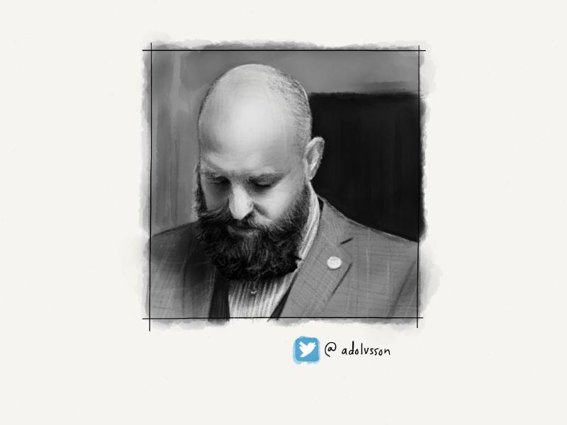 Digital watercolor and pencil drawing of a bald, well groomed bearded man wearing a suit and looking down. Grayscale.