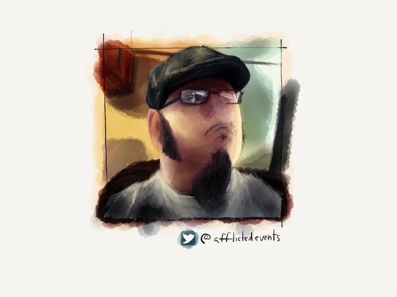 Digital watercolor portrait of a man wearing long sideburns, goatee, glasses, flat cap, and white t-shirt. Painted with muted colors, the eyes, nose, and mouth are intentionally lacking detail.