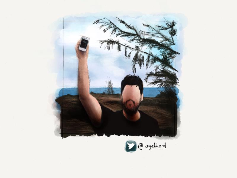 Digital watercolor and pencil portrait of dark haired bearded man wearing a black t-shirt and holding up a white iPhone while standing next to a tree. His face is intentionally lacking detail.