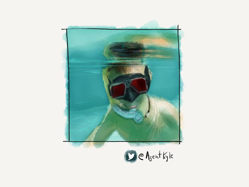 Digital watercolor painting of a man underwater wearing a snorkle and red tinted goggles as he looks at the viewer.