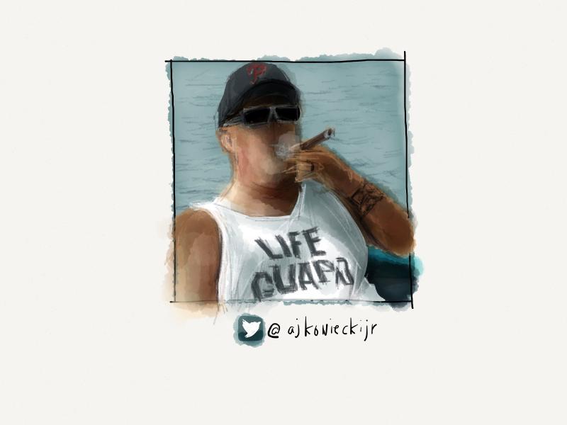Digital watercolor portrait of a man wearing a Philly's hat, sunglasses, and white tank top that says Life Guard as he puffs on a cigar. His face is intentionally lacking detail.