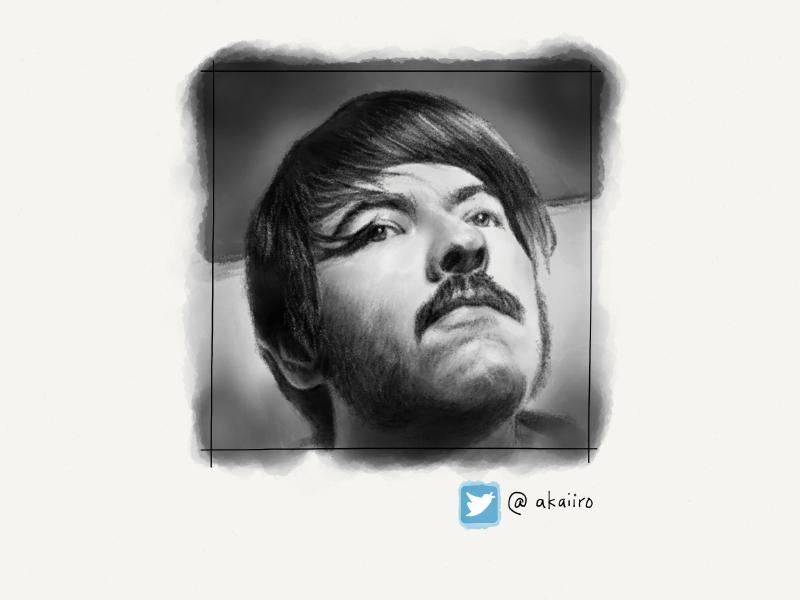 Black and white digital watercolor and pencil drawing of a man looking up, with side swept dark hair, a mustache, and some stubble.