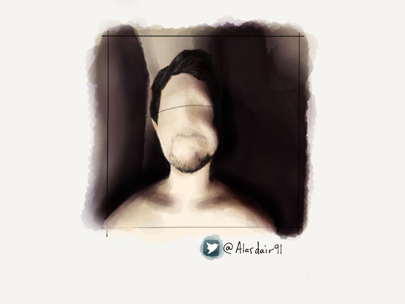 Digital watercolor portrait of a dark haired, shirtless man, with a short goatee. His facial features are intentionally lacking detail. Painted in warm grays.