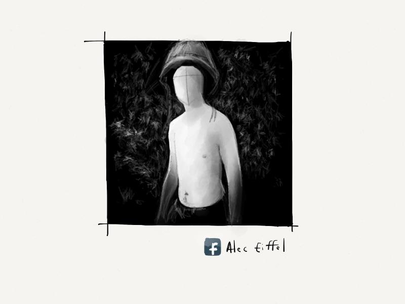 Digital watercolor and pencil portrait of shirtless man standing in front of bushes wearing a military helmet. Painted in black in white with his facial features purposely omitted.