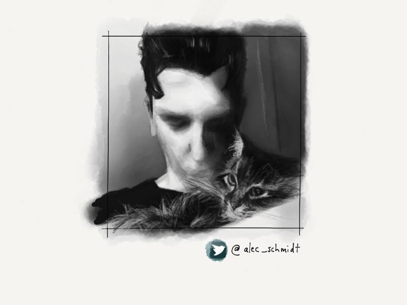 Black and white digital watercolor and pencil portrait of a dark haired man looking down as he holds a furry cat. His eyes and mouth are purposely lacking detail.