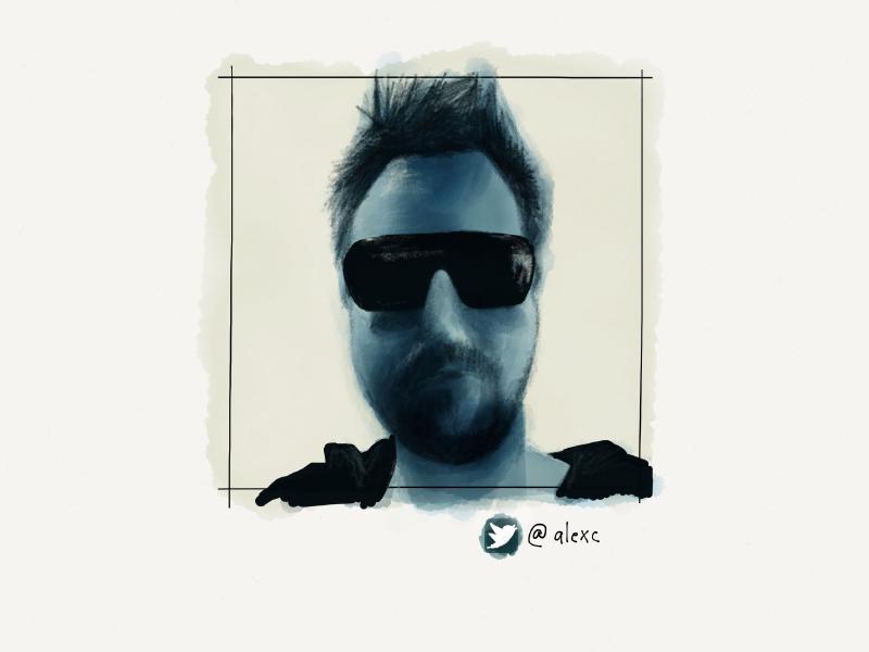 Digital watercolor and pencil portrait of a man looking directly at the viewer. He has spikey hair and is wearing large visor like sunglases, a short goatee, and a dark hoodie. Painted in blues.