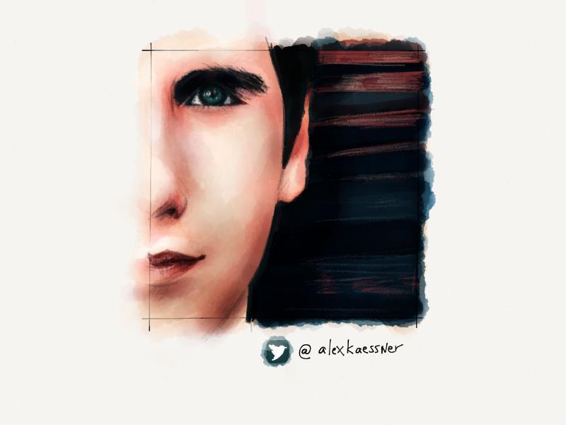 Digital watercolor and pencil portrait of a man with dark hair and blue eyes. He is looking directly at the viewer with only half of his face shown.